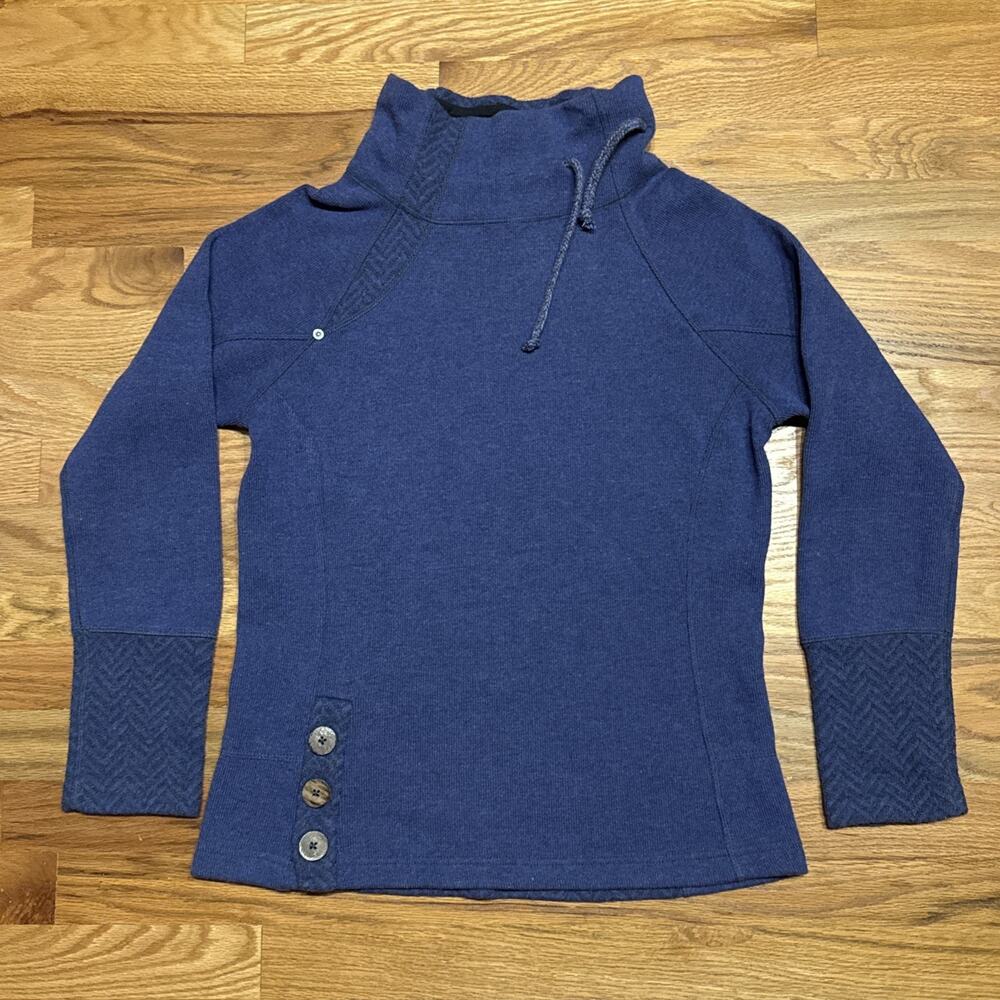 prAna Lucia Mock Neck Wool Sweater Button Blue Fleece Medium Gorpcore Cozy Cabin